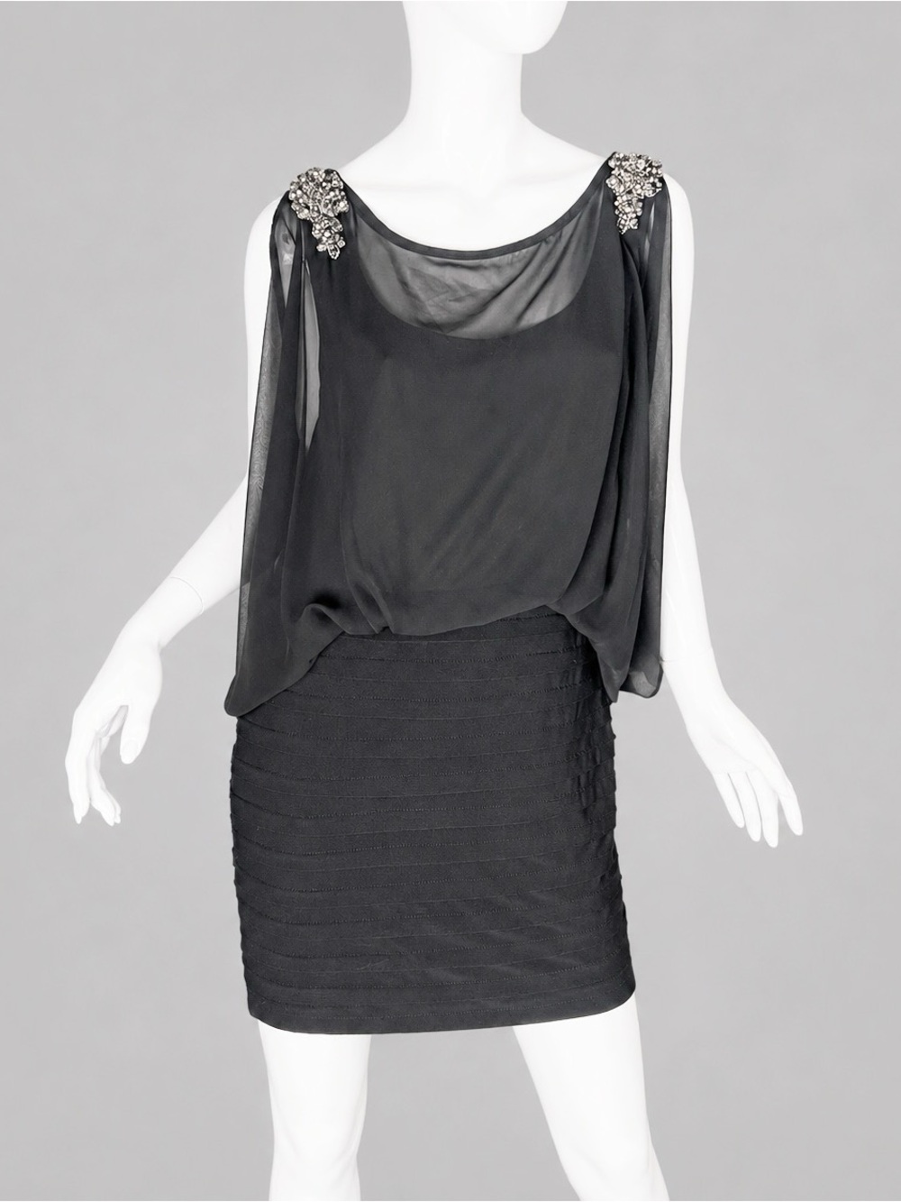Xcape by Joanna Chen Size 10P Black Beaded Cold Shoulder Blouson Dress